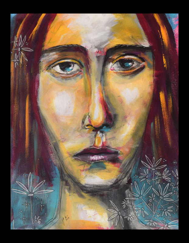 Portrait d'une femme. C'est une peinture avec un fond en collage, fait avec des techniques mixtes, mixed media, par Poussière d'Imaginaire.